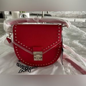 Authentic MCM‎ Leather Patricia Studded Red Small Crossbody Bag Handbag NEW
